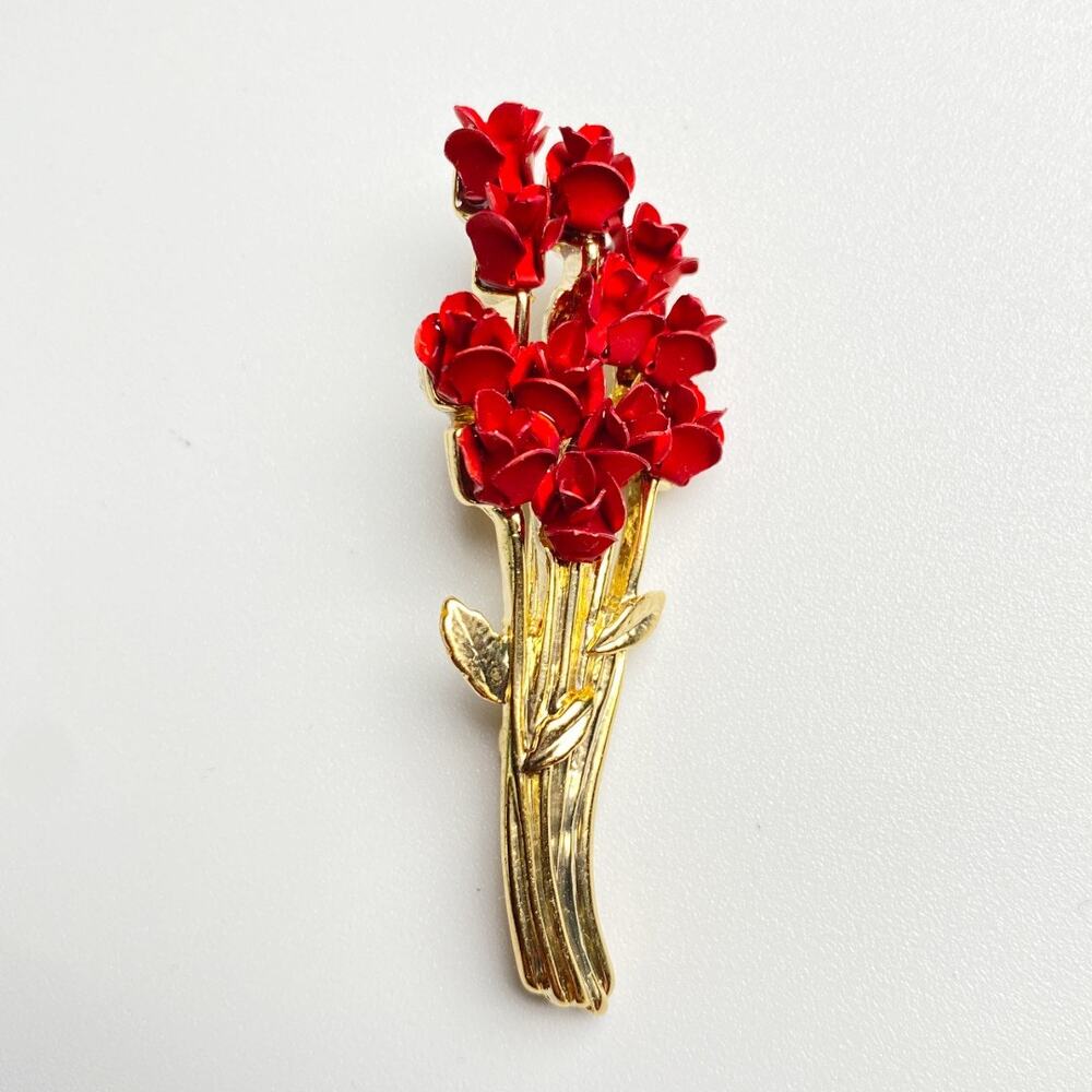 Vintage Red Flower Brooch Gold Tone Floral Pin 1997